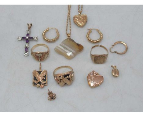 Two rings and a pendant stamped '10K', together with a hallmarked 9ct gold signet ring, an agate pendant with a hallmarked 9c