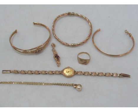 An everite watch stamped '375', a bracelet section tested as 9ct gold, a hallmarked 9ct gold signet ring and three bangles ha