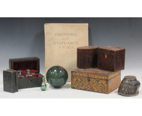 A collection of ephemera including two tea caddies, a taxidermy horse's hoof inkwell with silver fittings, two hand blown gre