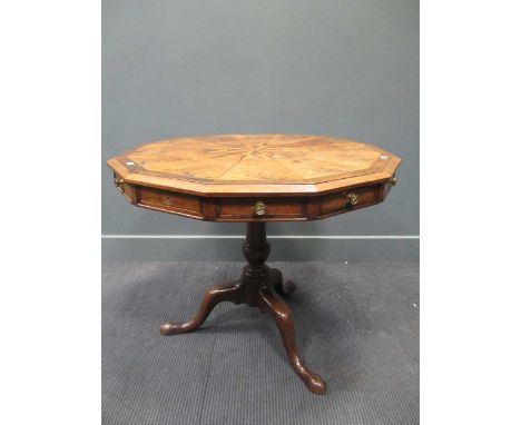A twelve sided walnut parquetry top tripod table, central star inlaid motif, with two frieze drawers, 71cm high x 91cm diamet