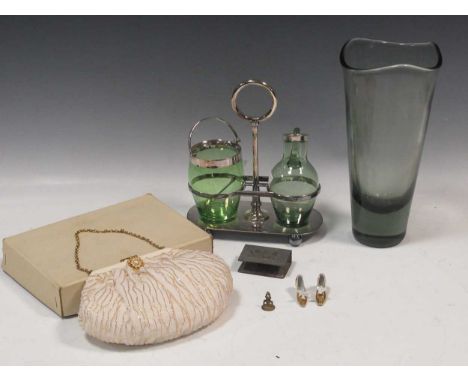 A 20th century Danish Holmegaard Per Lutken glass vase with shaped rim 25.5cm high together with an EPNS cruet set and a purs