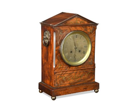 A 19th century mahogany and brass inlaid mantel clock,  with triangular pediment, silk suspension drum movement marked 'Roudi