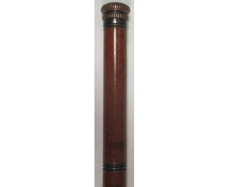 An early 20th century malacca walking cane, in two screw off sections containing a small drinking glass and a glass flask, 90