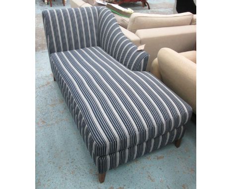 CHAISE LONGUE, in striped fabric on square supports by The Chair and Sofa Company, 150cm L.