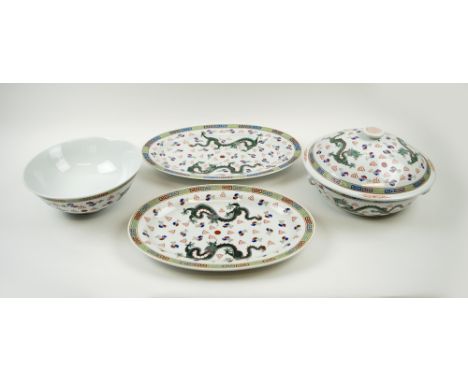 CHINESE CERAMIC DINNERWARES, comprising of tureen, two serving platters and a bowl. (4)