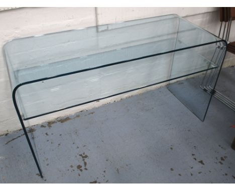 CONSOLE TABLE, contemporary style in glass with glass shelf below, 124cm x 44cm x 73cm H.