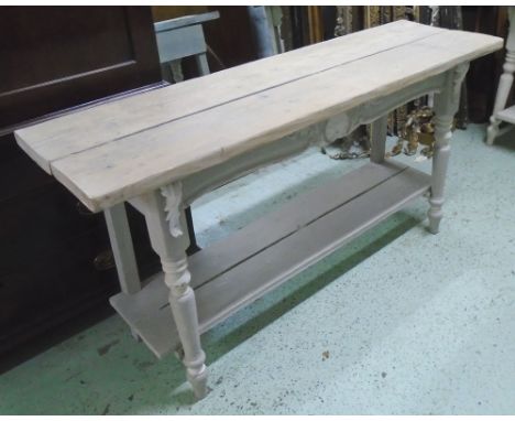 CONSOLE TABLE, of rustic construction, limed and painted plank top on grey and white base with carved detail and undertier, 1