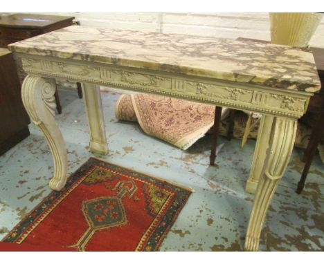 CONSOLE TABLE, 19th century grey painted with rectangular Breche Violette marble and scrolled carved front supports, 128cm W 