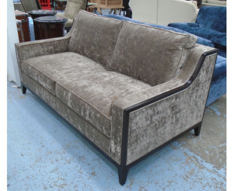 SOFA, two seater, in brown velvet on square supports, 179cm L.