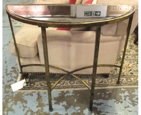CONSOLE TABLES, a pair, demi lune gilt metal with mirrored tops, 74cm H x 90cm x 33cm. (2)
