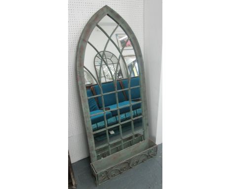 GARDEN MIRROR, Gothic style with detachable planter, in metal, with a distressed green finish, 161cm x 66cm.