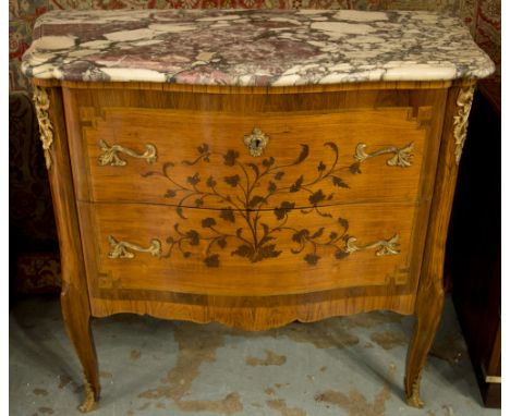 COMMODE, late 19th century French Louis XV design, kingwood, marquetry and gilt metal mounted with two drawers and marble top