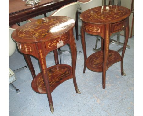 SIDE TABLES, a pair, French style with drawer and shelf below, 53cm x 40cm x 75cm H. (with faults)