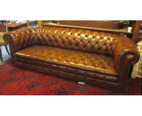 CHESTERFIELD SOFA, vintage hand dyed fine leather upholstered with deep rounded curved button back and arms, 230cm W.