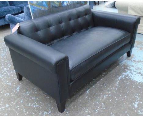 SOFA, two seater, in black pocketed leather on square supports, 169cm L.