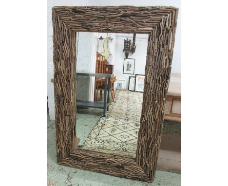 DRIFTWOOD WALL MIRROR, rectangular with broad driftwood applied frame, 150cm H x 99cm W.