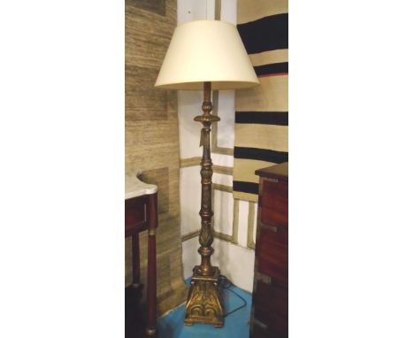 STANDARD LAMP, early 20th century Continental giltwood with a cream shade and leaf decoration, 163cm H. (with faults)