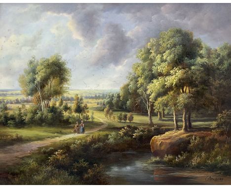 Atels (Continental 20th century): Rural River Landscape with Figures, oil on panel signed and dated '57, 39cm x 50cm