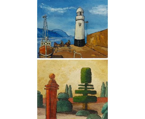 R A Brewer (East Yorkshire fl.1965-1973): Figures Unloading on the Pier beside a Lighthouse, and 'Topiscape' - Landscape with