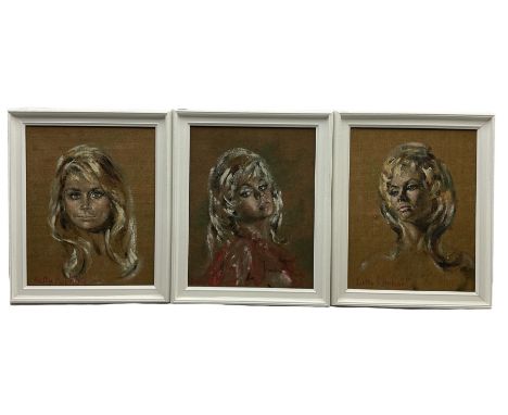 Betty Raphael (British 20th century): Portrait of a 60s Female, set three oils on hessian canvas signed 50cm x 39cm (3)