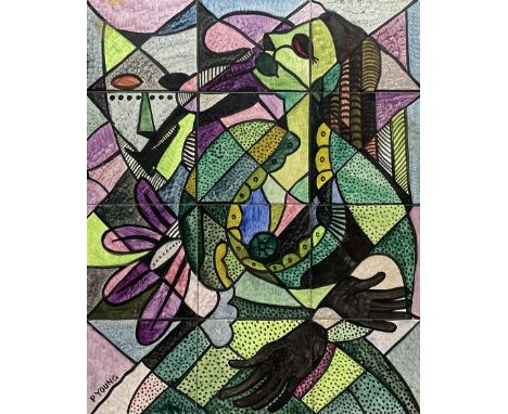 Peter Young (British mid 20th century): 'Girl with a Necklace', ceramic panel of twelve tiles signed mounted in stepped walnu