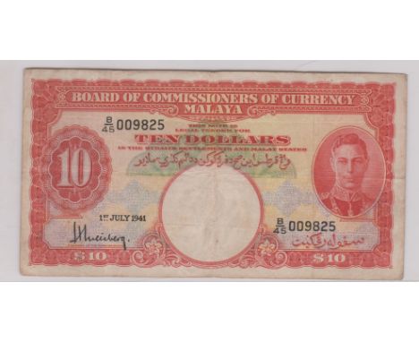 Malaya 1941 (1/7) - 10 dollars, KGVI, portrait, P13, VF