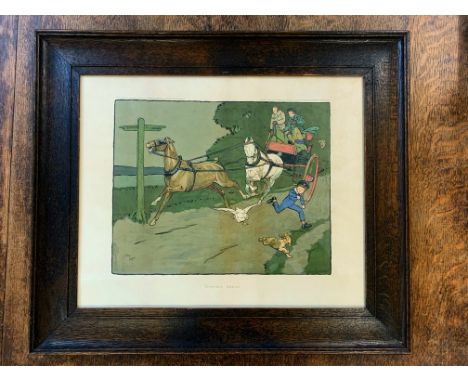 Cecil Aldin colour Horse and Carriage prints, "Trouble Ahead" and "Going Well" in original oak matching frames, each print 48