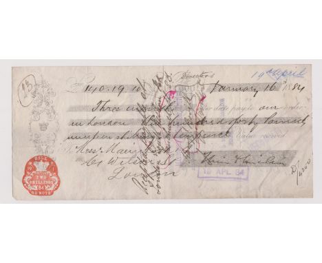 Liverpool Commercial Bank 1884 - cheque used, 2/- tax red embossed stamp
