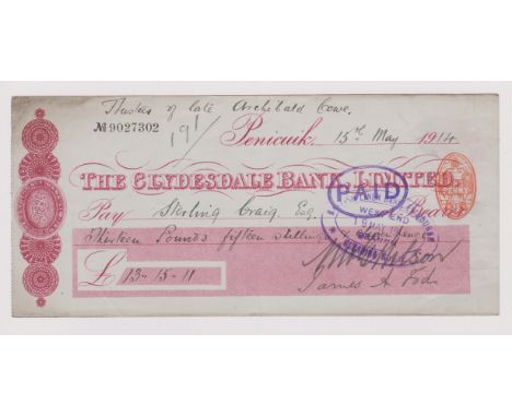 The Clydesdale Bank Limited 1914 - used cheque, Peniculk Branch