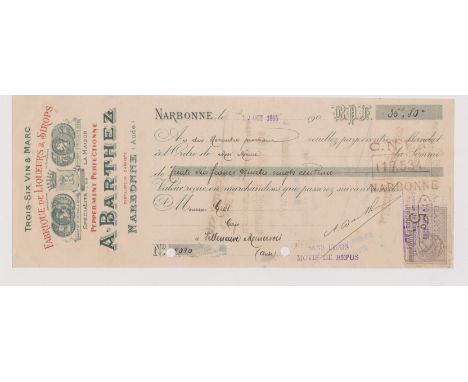 Narbonne A. Barthez Liqueurs 1905 - Illustrated cheque/order with tax adhesive stamp and very fine invoice (letter headed) ni