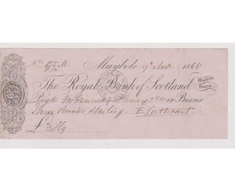 The Royal Bank of Scotland, Maybole Brach 1868 - used cheque, very fine