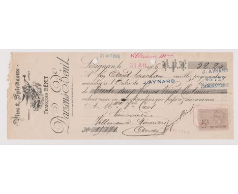 Francois Benit (Wines and spirits) 1906 - cheque/order used with 5c adhesive stamp and attractive engraved invoice