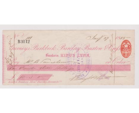 Gurneys, Birkbeck, Barclay Buxton &amp; Creswell 1885 - used cheque, Kings Lynn Branch, one penny tax stamp, small tear at ri