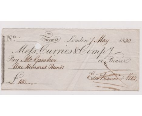 Curries &amp; Compy 1830 -  cheque, 29 Cornwall London used (£100)
