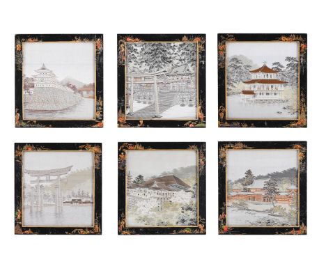 A SET OF SIX SILK EMBROIDERED PANELS WITH FAMOUS VIEWS OF JAPAN MEIJI-TIASHO ERA in Chinoiserie black lacquer frames  image s