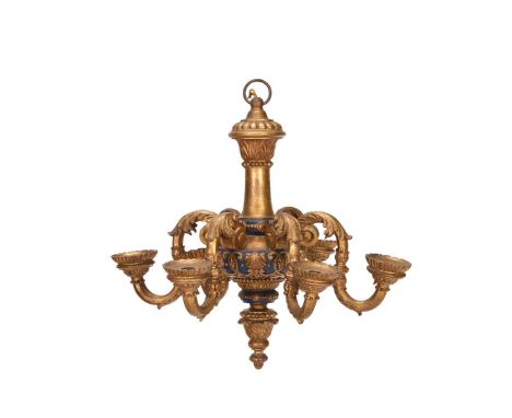 A SMALL GILTWOOD AND ROYAL BLUE PAINTED SIX LIGHT CHANDELIER  POSSIBLY BY LENYGON & MORANT, EARLY 20TH CENTURY  63cm high, 62