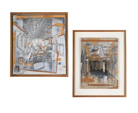 BRITISH SCHOOL (20TH/21ST CENTURY) VIEW OF AN INTERIOR, PAIR OF WORKS  Mixed media and collage on board  The smaller indistin