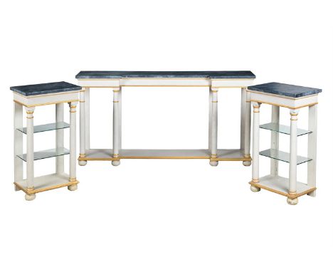 A SIMULATED MARBLE CREAM AND GILT PAINTED CONSOLE TABLE OF RECENT MAUFACTURE 89cm high, 177cm wide, 36cm deep TOGETHER WITH A