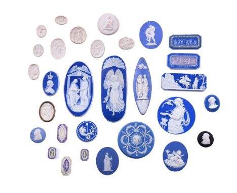 A LARGE SELECTION OF WEDGWOOD AND OTHER DRY-BODIED STONEWARE MINIATURE PLAQUES AND DISCS FOR INSERTS FOR TOYS, JEWELLERY AND 