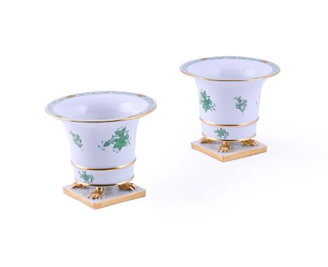 A PAIR OF HEREND 'CHINESE BOUQUET' VASES MODERN In green, of flared form and supported on four lion's paw feet and square bas