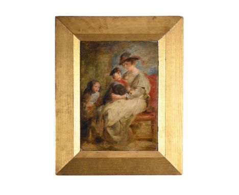 AFTER PETER PAUL RUBENS HELENA FOURMENT WITH HER CHILDREN Oil on canvas board  Signed indistinctly (lower right) 34 x 24.5cm 