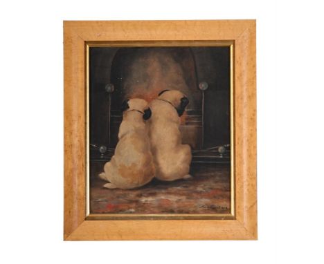 MARIE STUANT (19TH/20TH CENTURY) TWO PUGS BY THE FIREPLACE Oil on canvas Signed and dated '1898' (lower right) 36 x 30.3cm (1