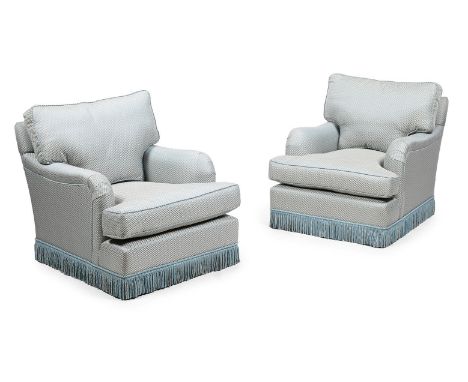 A PAIR OF UPHOLSTERED EASY ARMCHAIRS 20TH CENTURY With bullion fringe each 87cm high, 81cm wide, 96cm deep  Condition Report: