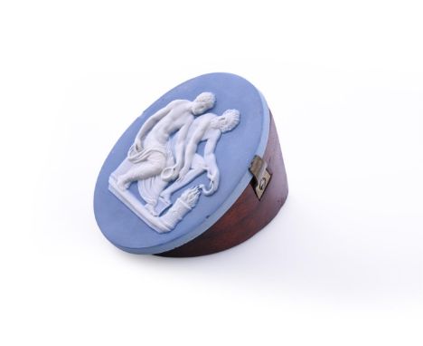 A WEDGWOOD & BENTLEY SOLID PALE-BLUE JASPER PLAQUE; THE SACRIFICE TO AESCULAPIUS CIRCA 1769-80 Impressed marks to the reverse