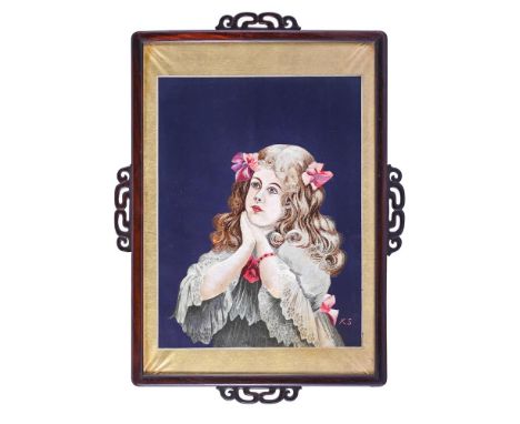 A CHINESE HARDWOOD FRAME WITH SILK EMBROIDERY QING DYNASTY, 19TH CENTURY enclosing a silk panel depicting a Western girl, ini