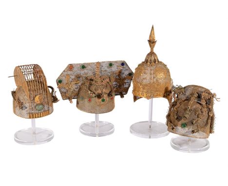 FOUR CHINESE THEATRE FILIGREE HEADRESSES 20TH CENTURY between 40cm and 22cm high  Provenance: Private Collection  Condition R