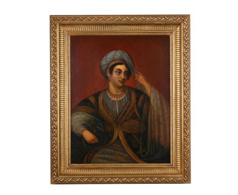 MAFFEI (ITALIAN 20TH CENTURY) PORTRAIT OF A LADY IN A TURBAN HEAD DRESS, AND BULLION EMBROIDERED GOWN Oil on canvas 88.5 x 60