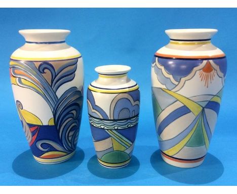 A Poole Studio pottery vase, designed by Karen Brown, 'Viking Ship' pattern, another by Karen Brown for Poole, an Isle of Pur