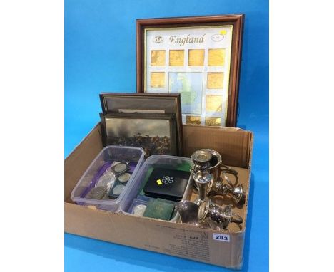 Various coins, a plated candelabra etc.