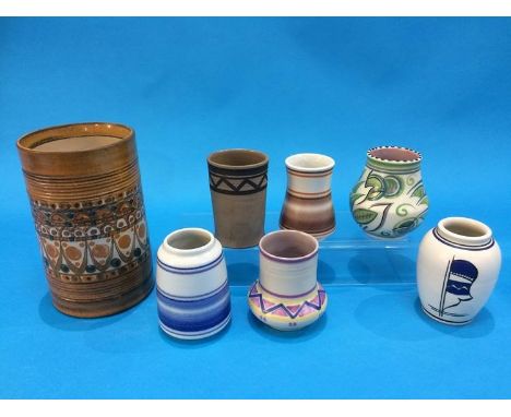 A small Poole vase by Karen Brown, a selection of five Poole vases and a Denby pottery vase